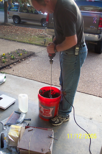 Mixing the first batch of mortar